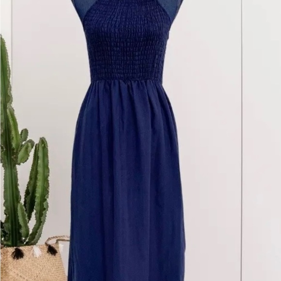 Universal Thread Smocked High Neck Maxi Dress Side Slits Navy Blue Medium - Picture 2 of 9